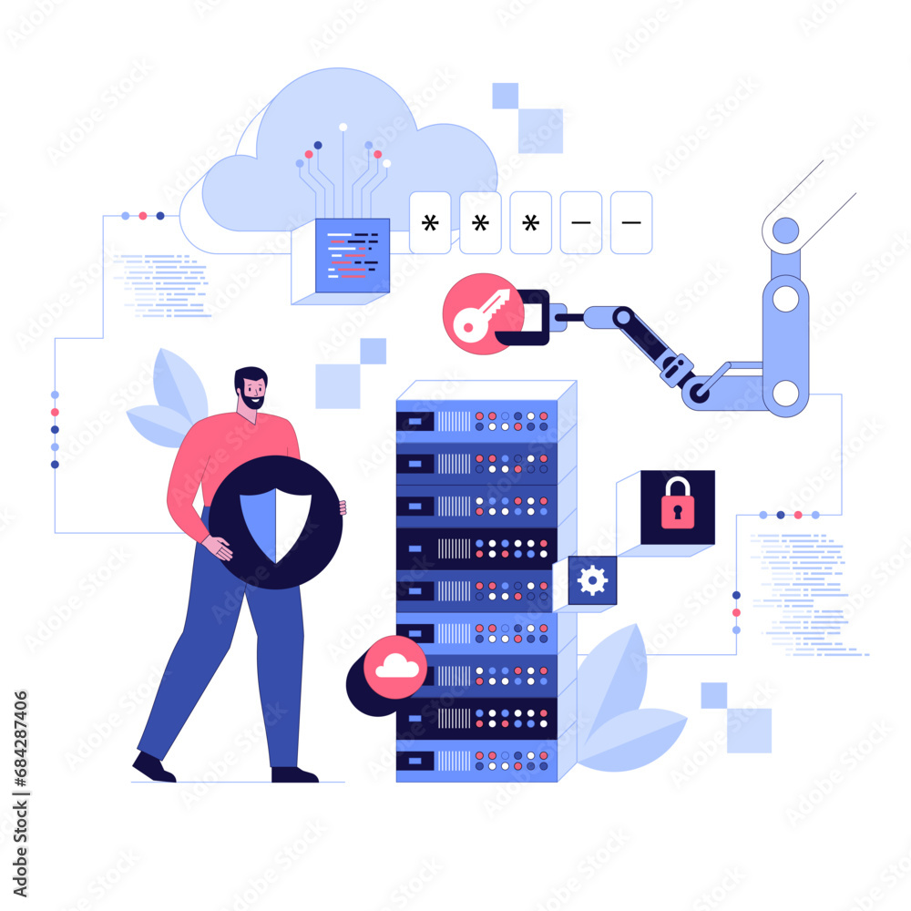 Poster characters using cyber security services to protect personal data. database security, phishing, hack