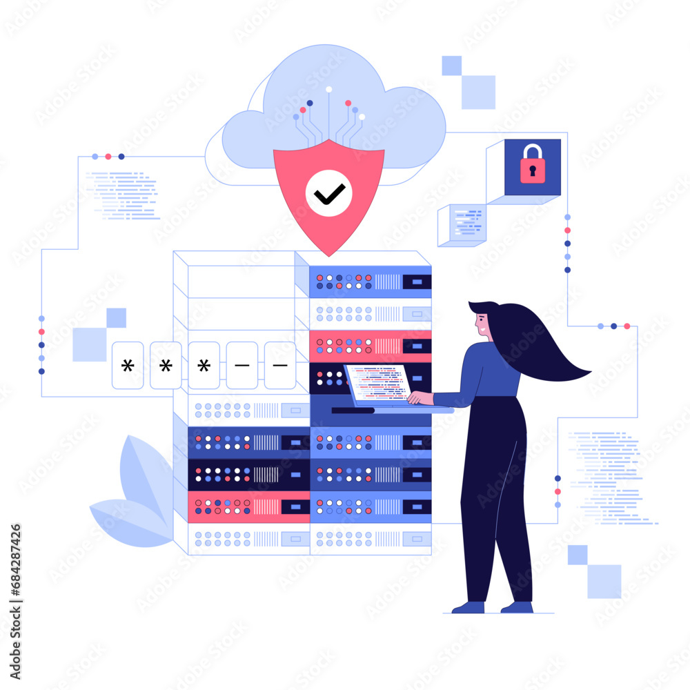 Poster characters using cyber security services to protect personal data. database security, phishing, hack