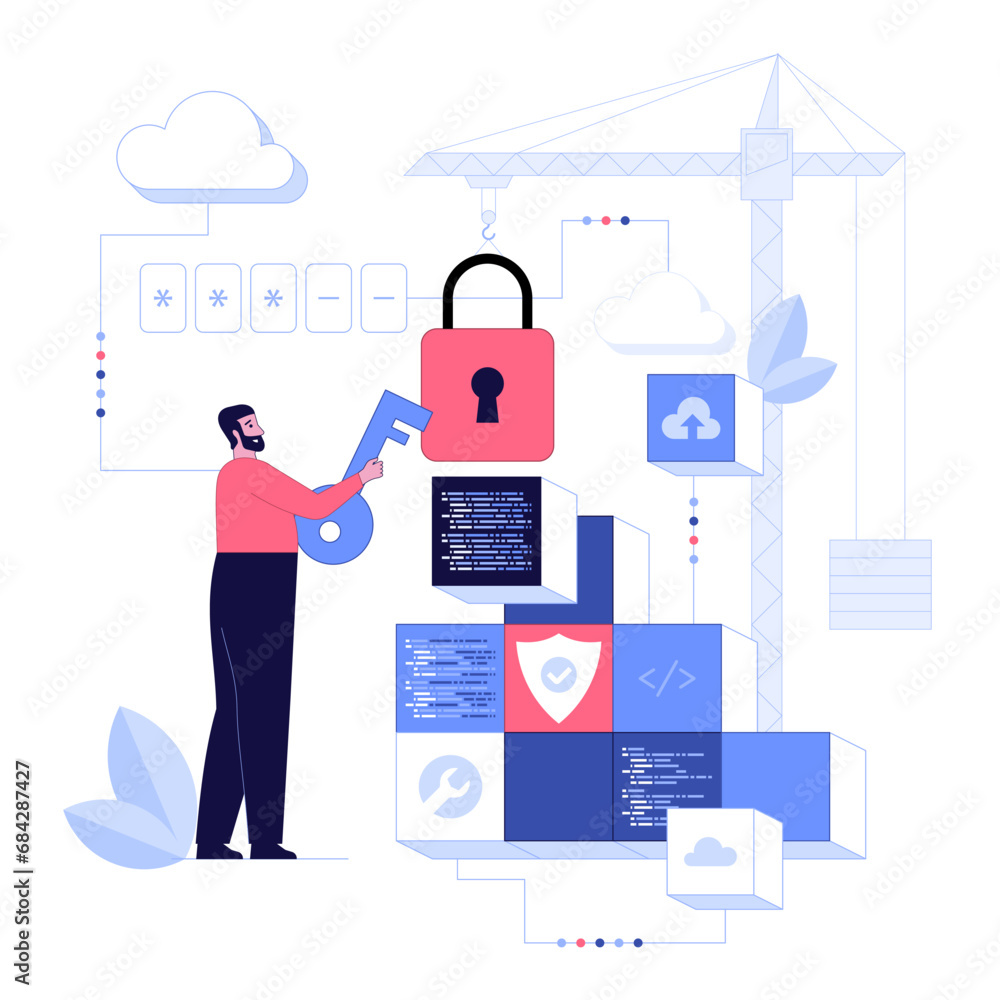 Poster characters using cyber security services to protect personal data. database security, phishing, hack