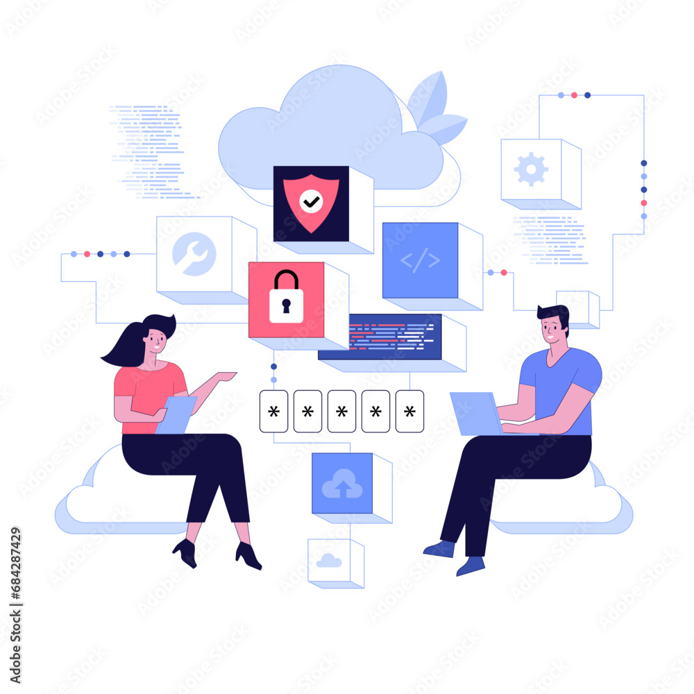 Poster characters using cyber security services to protect personal data. database security, phishing, hack