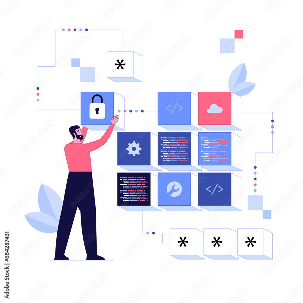 Poster characters using cyber security services to protect personal data. database security, phishing, hack