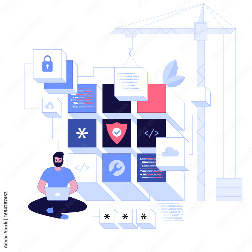 Poster characters using cyber security services to protect personal data. database security, phishing, hack