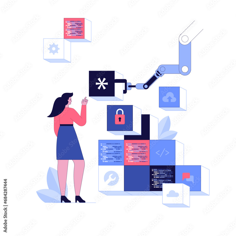Poster characters using cyber security services to protect personal data. database security, phishing, hack