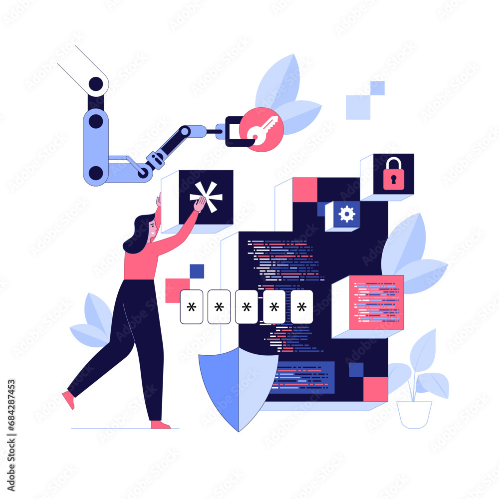 Poster characters using cyber security services to protect personal data. database security, phishing, hack