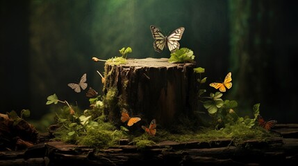 Tree stump in the forest with butterflies, ai generative