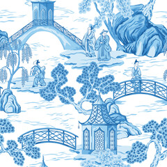Blue Chinese pagoda, people, water and trees seamless pattern. Chinoiserie wallpaper.