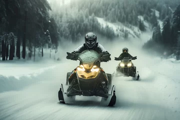 Fotobehang Guys driving snowmobiles through the winter landscape. © XXXX