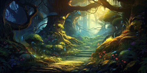 N ancient mystical forest with tall twisted trees background 