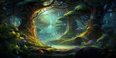 N ancient mystical forest with tall twisted trees background  - obrazy, fototapety, plakaty