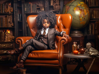 Fototapeta na wymiar Stylish cool African American boy wearing formal jacket and trousers sitting in luxury leather chair at cozy room, fashion supermodel kid, Generative AI