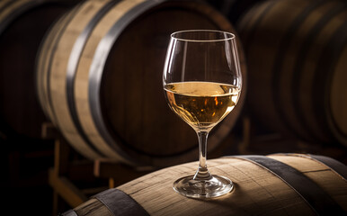 Wine Glass with Chardonnay Grapevine tasting. Vino Degustation in wine cellar with Wine barrels. Winemaking in Winery Barrel room. Wood Wines Barrels In Winery Cellar. Wine Glass on oak barrels.