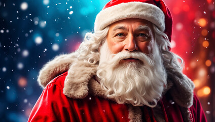 Santa Claus with a red hat and a white beard on a winter Christmas background