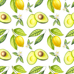 Seamless watercolor pattern with avocado, avocado leaves, lemon and lemon flowers on the transparent background.