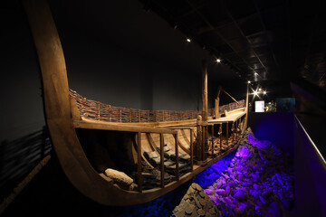 Bodrum - Turkey, September 30, 2023, Reconstructed ancient shipwreck in Museum of Underwater...