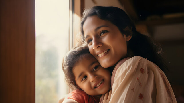 Cute Little Girl Child And Young Asian Mom Embracing Each Other In Her Arms. Concept Of Unconditional Love Of A Mother.