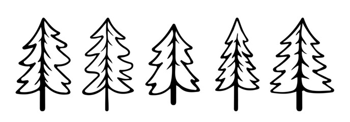 Hand Drawn Christmas Trees Doodle Set. Vector Editable Illustration. Black contour of Spruces on white background