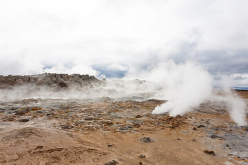 Hverir mud pools day view, Iceland landmark