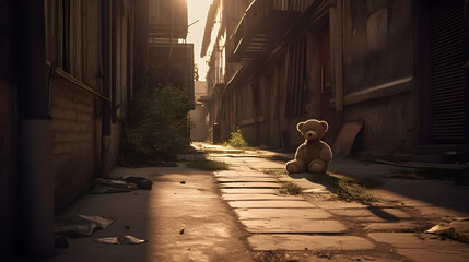 Lost Innocence: A Single Teddy Bear Sits Alone Under the Glow of a Street Lamp in a Desolate AlleyAI generativ - obrazy, fototapety, plakaty
