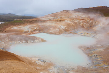 Leirhnjukur mud pools day view, Iceland landmark