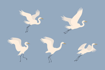 Cartoon heron icon set. Cute bird in different poses. Vector illustration for prints, clothing, packaging, stickers. - obrazy, fototapety, plakaty