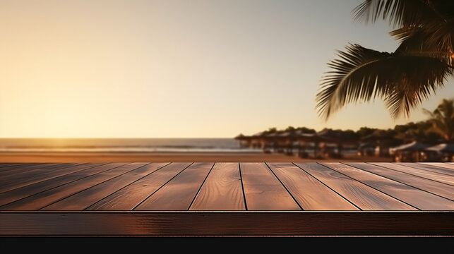 Concept of advertising image for product. Wooden table with blurred background located next to the beach. In the background and spectacular sunset