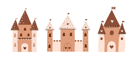 Fototapeta premium Cartoon medieval castles vector illustration set. Collection fortified palaces, mansions isolated on white background. Fairytale, ancient buildings, fortresses concept. Magic castle vector hand drawn