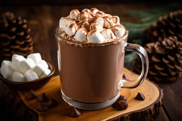 A cup of hot chocolate with whipped cream and marshmallows. Generative Ai