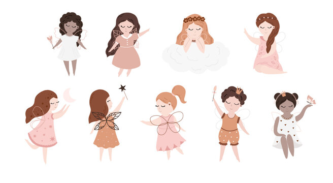 Cute beautiful little fairies set cartoon vector illustration. Baby fairy princess hand drawn illustration. Pastel and delicate colors for children's design