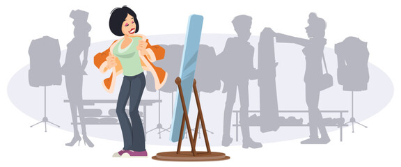 Girl in clothing store. Illustration for internet and mobile website.