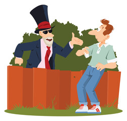 Businessman advertises product to man. Illustration for internet and mobile website.