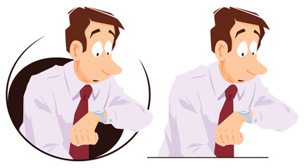Man looks at his watch. Illustration for internet and mobile website.