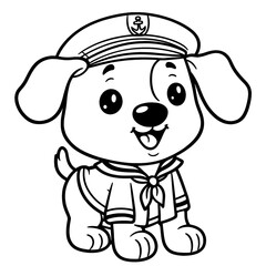 Coloring page, cartoon dog as a sailor, Black Line art, no color, thick lines, no shade, clean line art.