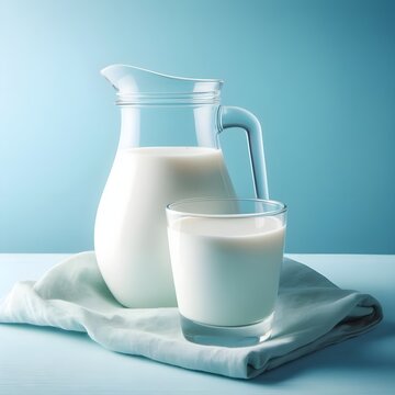 Glass filled with milk, jug half filled with milk next to the glass, light blue background.