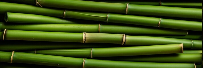 Green bamboo is arranged in rows. Green bamboo trunks