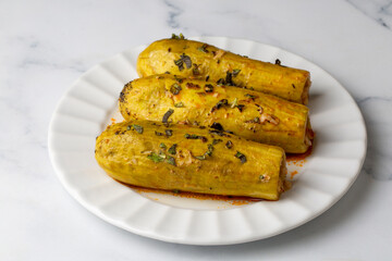 Stuffed zucchini with meat from traditional Turkish cuisine. Turkish name; etli kabak dolmasi