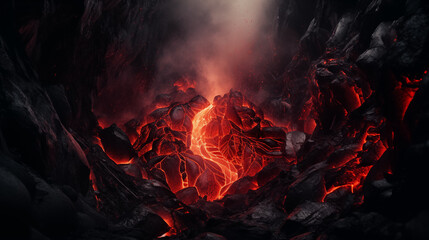 Glowing molten lava flows within a dark rocky crevice.