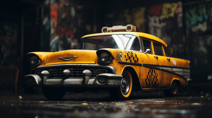 Vintage yellow taxi parked in an alley with graffiti.