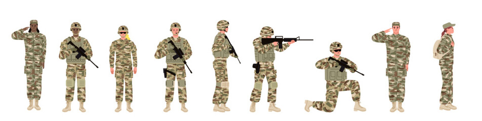 Set of soldiers in military uniform. Female and male fighters with weapon. Flat vector illustration.