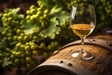 Wine Glass with Chardonnay Grapevine tasting. Vino Degustation in vineyard. Wine barrels. Vine Winemaking in Winery Barrel room. Wines Barrels In Winery Cellar. Wine Glass and Grape on oak barrels