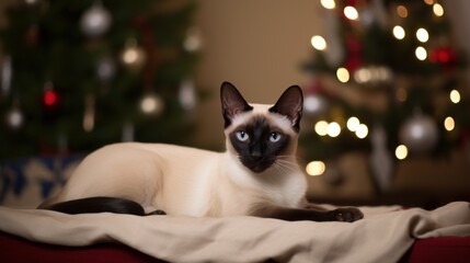 Beautiful and adorable Siamese cat lying on blanket near by blurred Christmas tree on the cozy indoor background. New year festive picture. Greeting placard template.