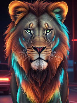 A photo of a big lion head in neon color Generative AI