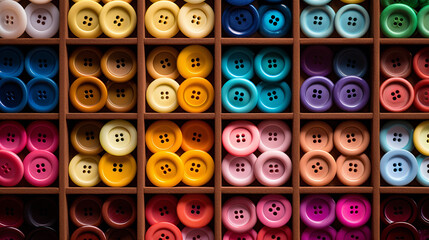 Fototapeta premium Colored buttons in a wooden box as a background, top view. Generative AI.