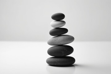 Arrangement of gray and white stones in a stack, gentle coloration. Stones layered on one another. Minimalistic style. Displayed in hues of grey.