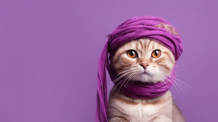 Cute cat in a scarf in a turban on a purple background - obrazy, fototapety, plakaty