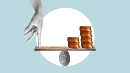 Balance of finances is shown with collage with hand and coins on wooden seesaw. Stacks coins,...