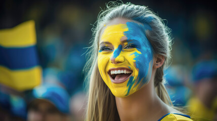 Happy young woman with yellow and blue paint on her face at a sports stadium - obrazy, fototapety, plakaty
