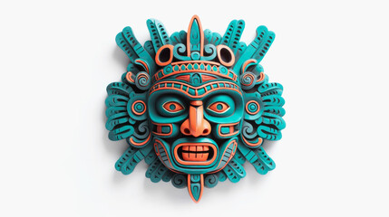 Ancient wooden Mayan mask on white background - obrazy, fototapety, plakaty