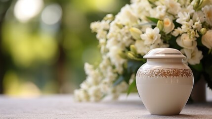 A white urn for ashes with flowers stands in a cemetery - obrazy, fototapety, plakaty