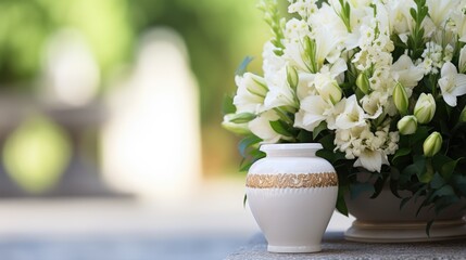 A white urn for ashes with flowers stands in a cemetery
