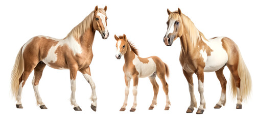 Group of pinto palomino horses: mare, stallion and foal, animal family isolated on transparent background. PNG clip art elements. - obrazy, fototapety, plakaty